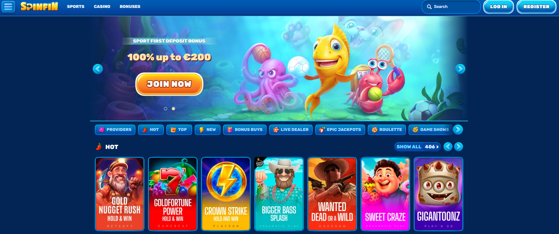 Underwater-themed online casino header featuring a cartoon octopus with playing cards, a fish carrying poker chips, and a crab holding coins.