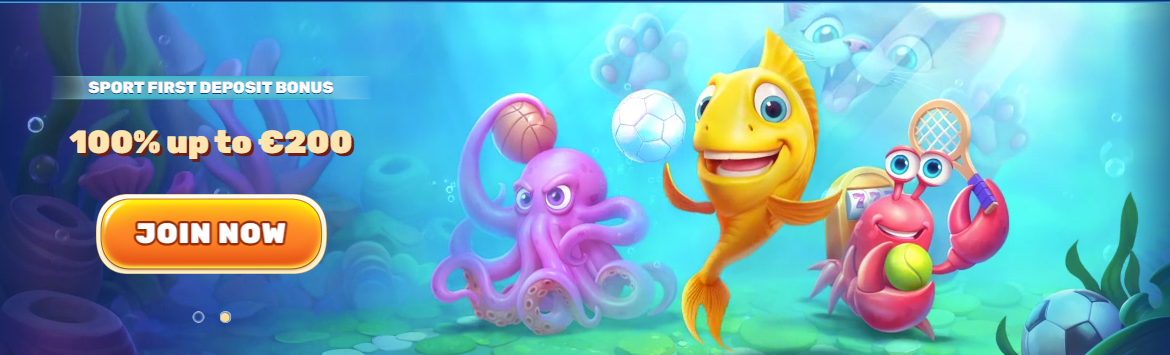 nderwater-themed casino promotion showing a smiling yellow fish spinning a wheel, a purple octopus holding cards, and a red crab slot-machine character surrounded by chips.