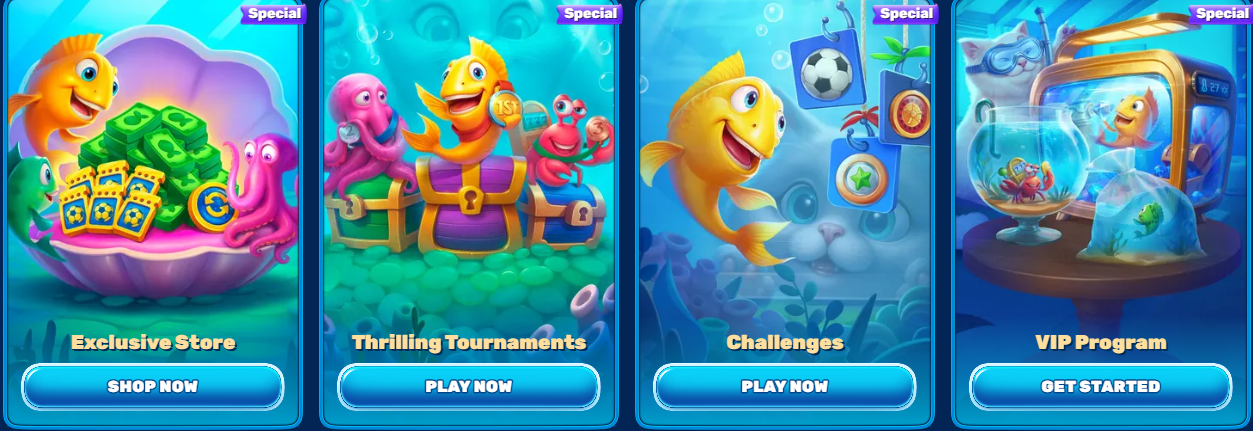 Cartoon yellow fish with a green turtle in a purple shell full of cash, coins, and reward cards, promoting