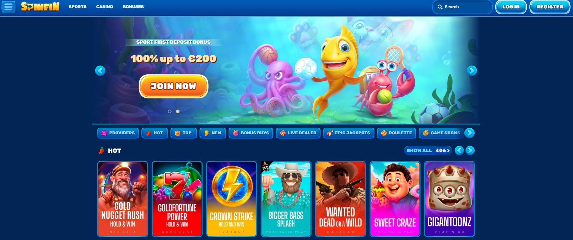 Underwater-themed online casino header featuring a cartoon octopus with playing cards, a fish carrying poker chips, and a crab holding coins.