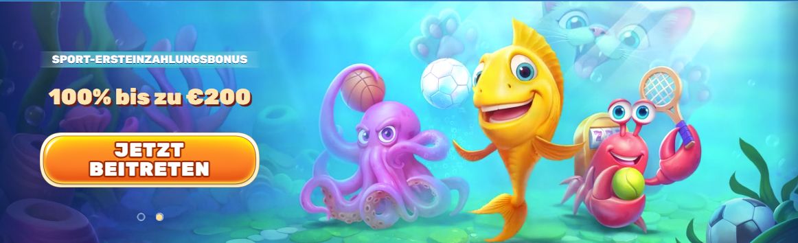 nderwater-themed casino promotion showing a smiling yellow fish spinning a wheel, a purple octopus holding cards, and a red crab slot-machine character surrounded by chips.