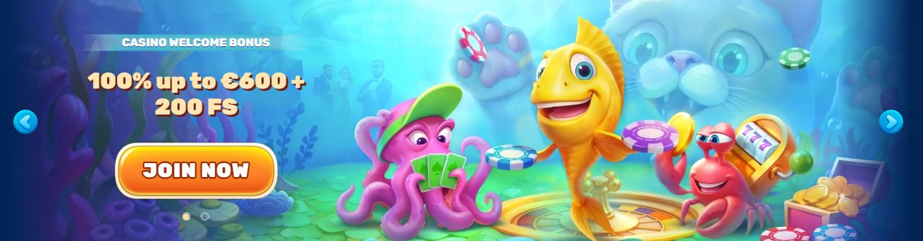 nderwater-themed casino promotion showing a smiling yellow fish spinning a wheel, a purple octopus holding cards, and a red crab slot-machine character surrounded by chips.