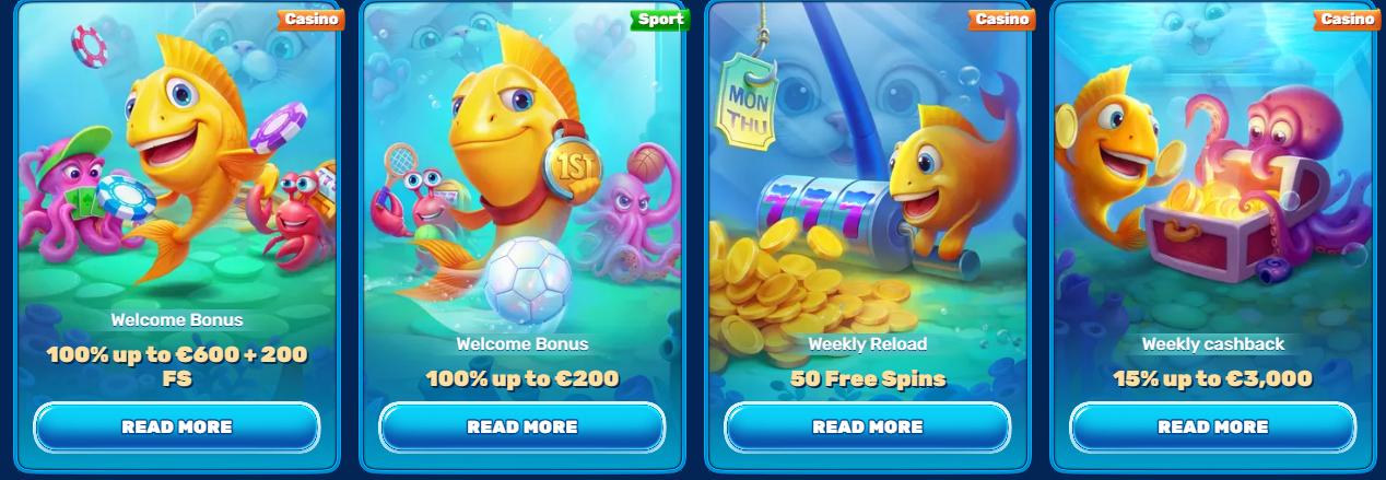 Cartoon yellow fish with a green turtle in a purple shell full of cash, coins, and reward cards, promoting